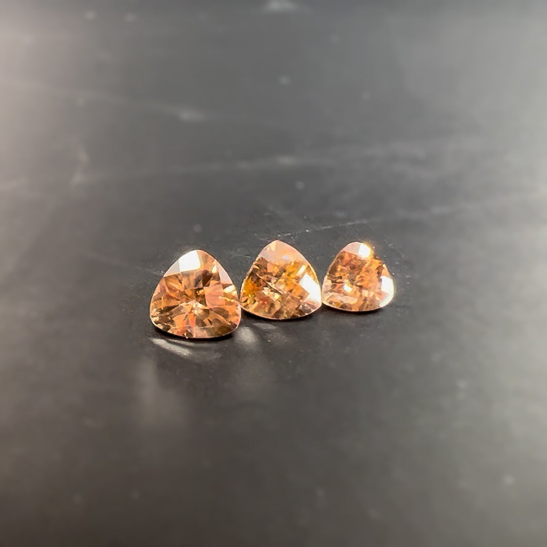 2.65cts. TW Natural Trillion Mocha Brown Orange Zircons Checkerboard cut Gemstone Graduated (6mm, 5.5mm, 5mm) 3pc Matching Loose Heated AAA